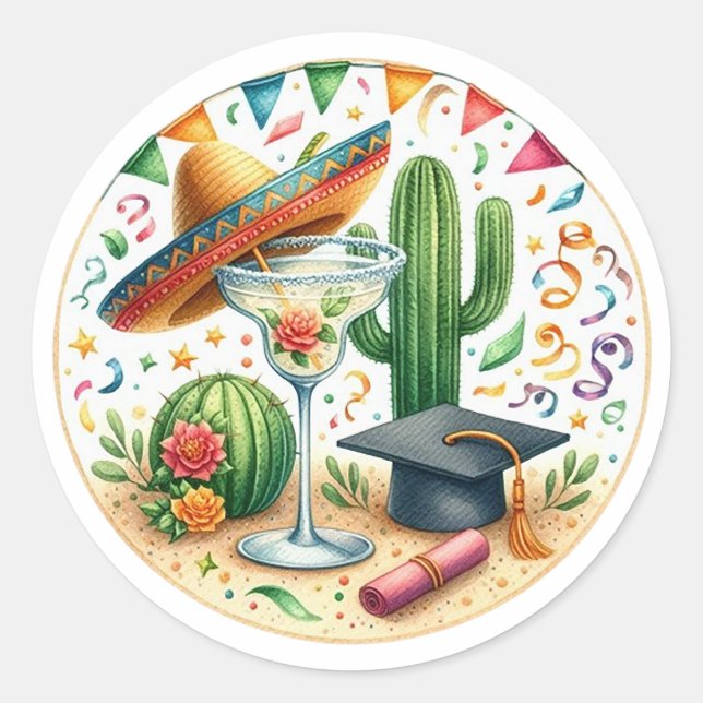 Fun Mexican-Themed Fiesta Grad Classic Round Sticker (Front)