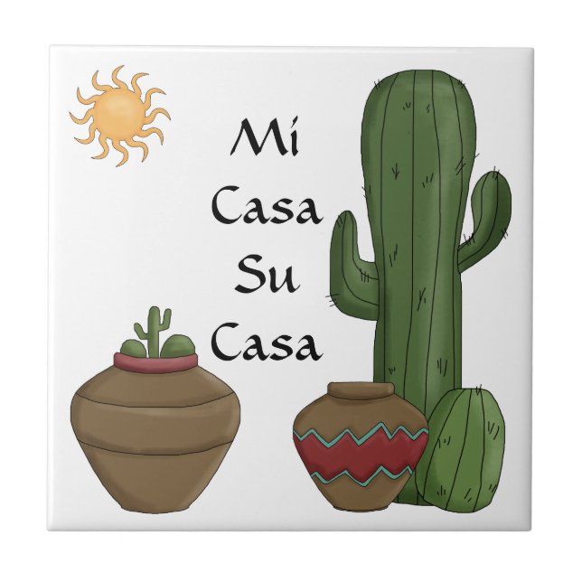 Fun Mi Casa Su Casa Welcome Spanish Greeting Ceramic Tile (Front)