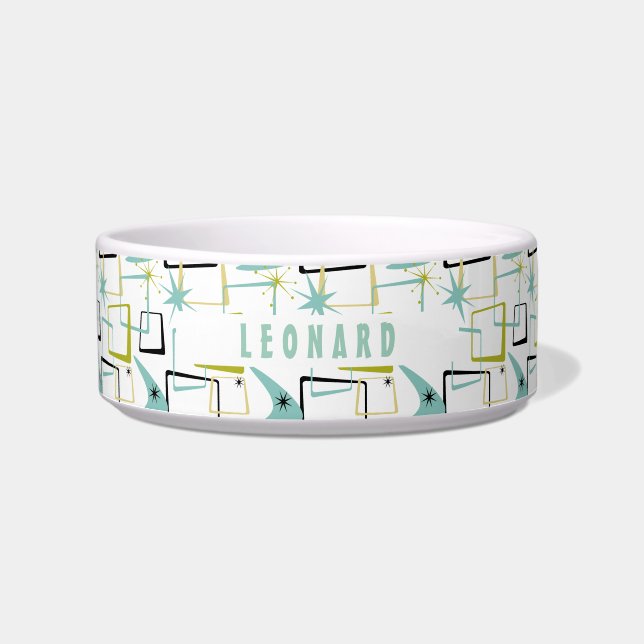 Fun Mid-century Space Atomic Abstract Squares Name Bowl (Front)