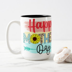 Fun Mixed Pattern Happy Mother’s Day Sunflower Gra Two-Tone Coffee Mug