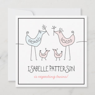 Fun Modern Birds Twin Baby Girl Shower Invitation