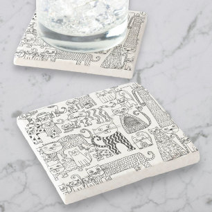 Fun Modern Black and White Cats And Kittens Stone Coaster