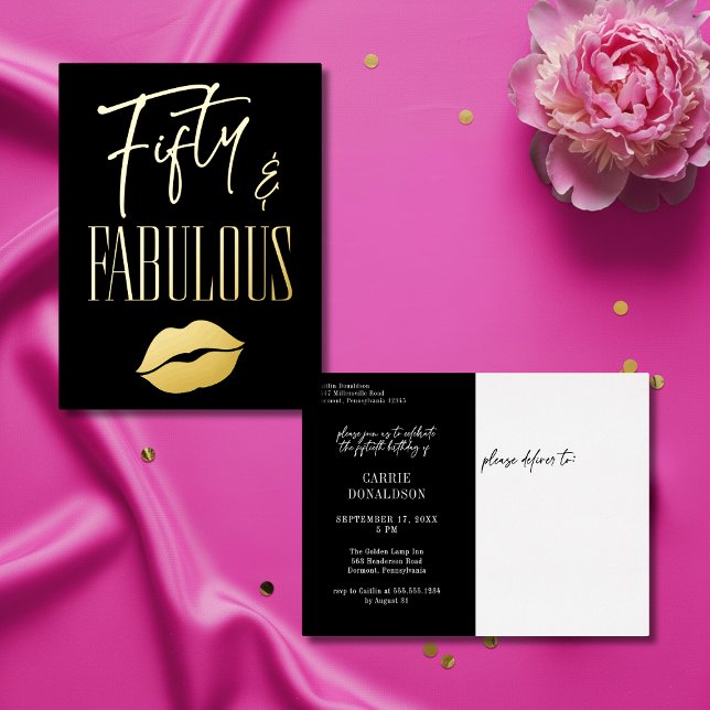 Fun Modern Black Fifty Fabulous Lips Birthday Foil Invitation Postcard (Creator Uploaded)