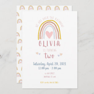 Fun Modern Boho Rainbow Heart Second Birthday Invitation
