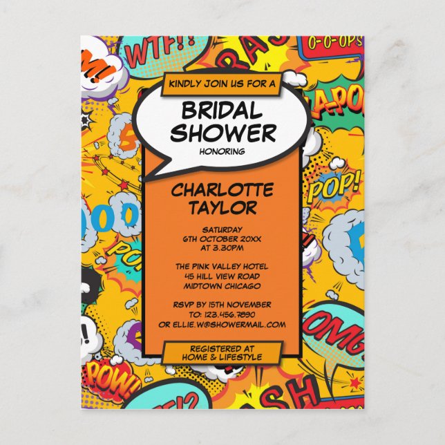 Fun Modern Bridal Shower Comic Book Invitation Postcard (Front)