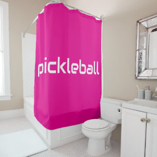 Fun Modern Bright Pink White PICKLEBALL Text Shower Curtain