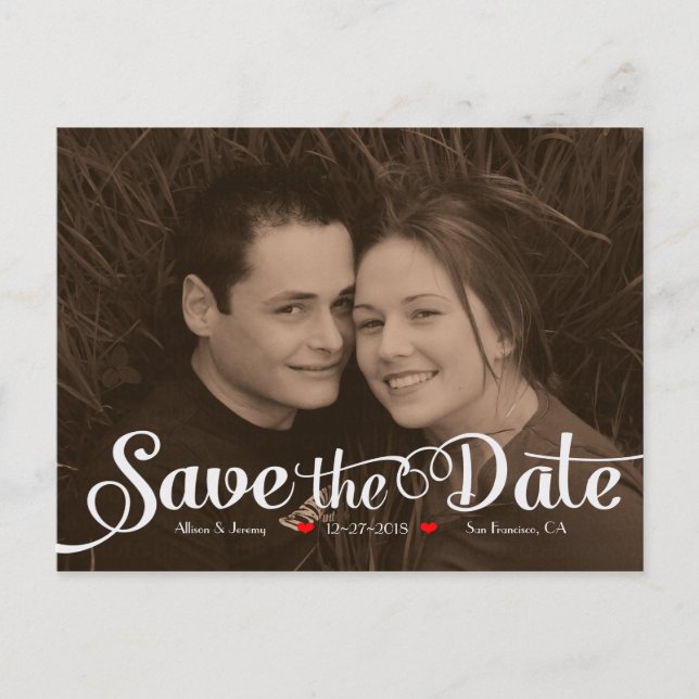 Fun Modern Calligraphy Sepia Photo Save the Date Announcement Postcard (Front)