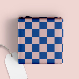 Fun Modern Chequered Electric Blue + Blush Pink Wrapping Paper