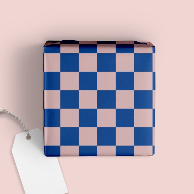 Fun Modern Chequered Electric Blue + Blush Pink Wrapping Paper (Creator Uploaded)
