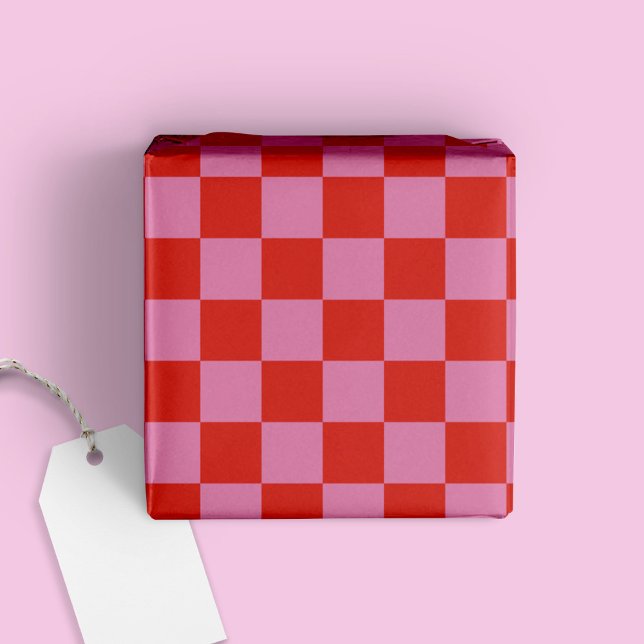 Fun Modern Chequered Red + Hot Pink Wrapping Paper (Creator Uploaded)