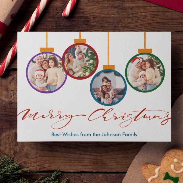 Fun Modern Christmas Ornament 4 Photo Christmas Holiday Postcard (Fun Modern Christmas Bauble 4 Photo postcard with script merry christmas)