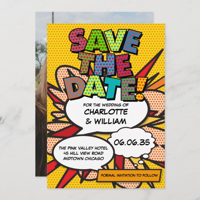 Fun Modern Colourful Comic Book Photo Wedding Save The Date (Front/Back)