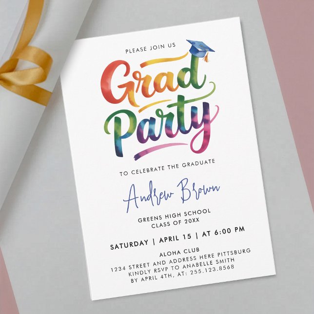 Fun Modern Colourful Grad Party Brush Paint Script Invitation (Creator Uploaded)