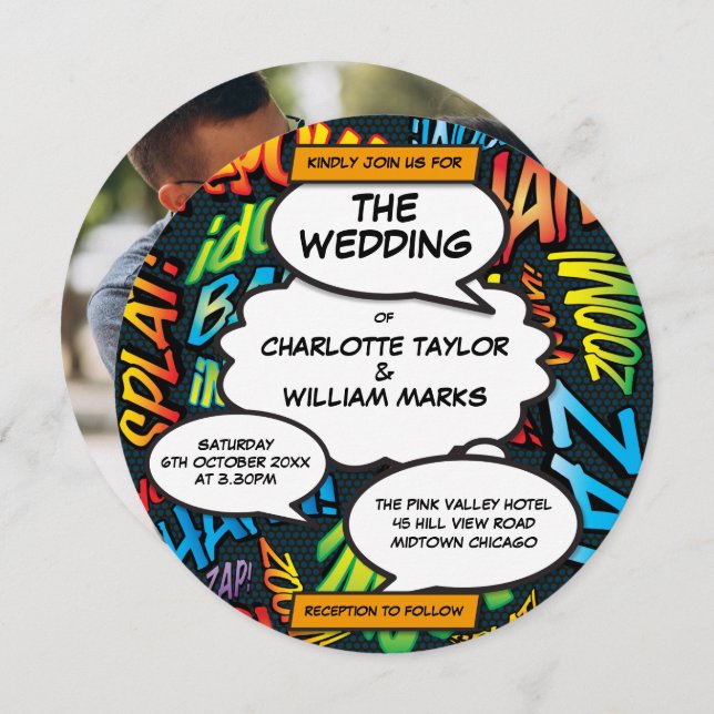 Fun Modern Comic Book Photo Circle Wedding Invitation (Front/Back)