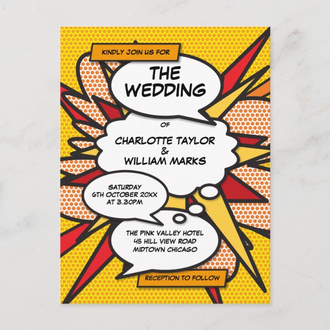 Fun Modern Comic Book Pop Art Wedding Invitation Postcard (Front)