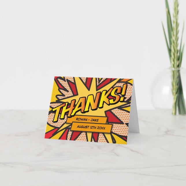 Fun Modern Comic Book Wedding Thank You Card (Front)