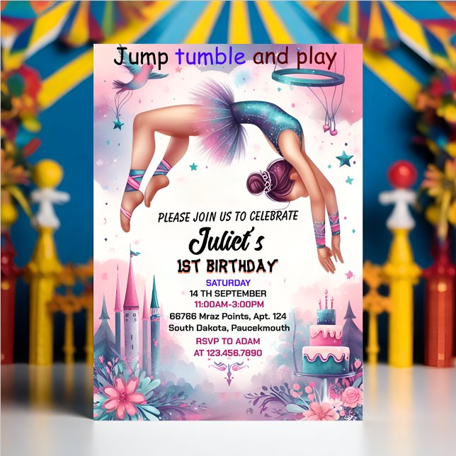 fun modern cute pink girl gymnastics 10th birthday invitation (Creator Uploaded)