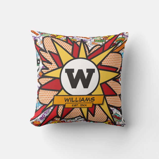 Fun Modern Family Name Monogram Comic Book Cushion (Front)