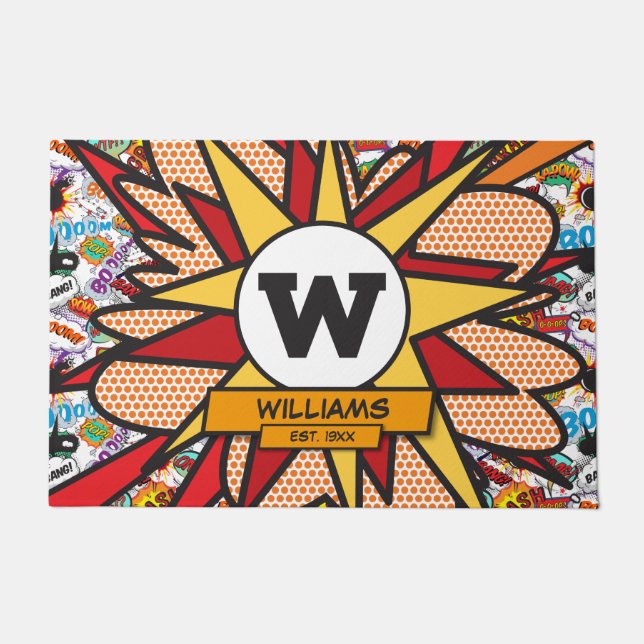 Fun Modern Family Name Monogram Comic Book Doormat (Front)