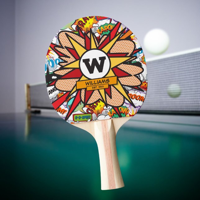 Fun Modern Family Name Monogram Comic Book Ping Pong Paddle (Fun Modern Family Name Monogram Comic Book Ping Pong Paddle)