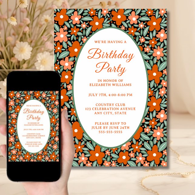 Fun Modern Flower Birthday Party Invitation Orange (Creator Uploaded)
