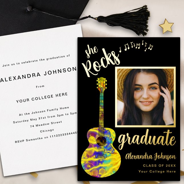 Fun Modern Graduate Photo Grad Party Black & Gold (Fun modern black and gold foil script graduate photo graduation party invitation country music )