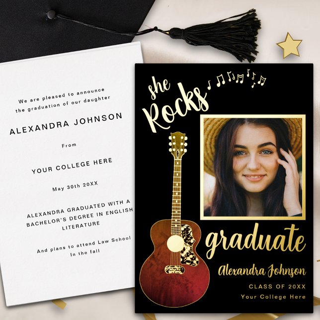 Fun Modern Graduate Photo Script Black and Gold (Fun modern black and gold foil script graduate photo graduation announcement card Country music )