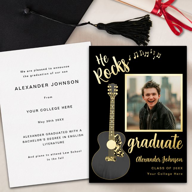 Fun Modern Graduate Photo Script Black and Gold (Cool guitar music modern black and gold foil script graduate photo graduation announcement card)