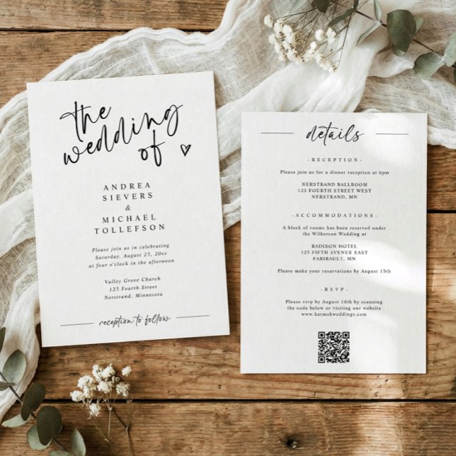 Fun Modern Handwriting Black & White Wedding Invitation (Modern black and white wedding invitation with “the wedding of” in fun handwritten script)