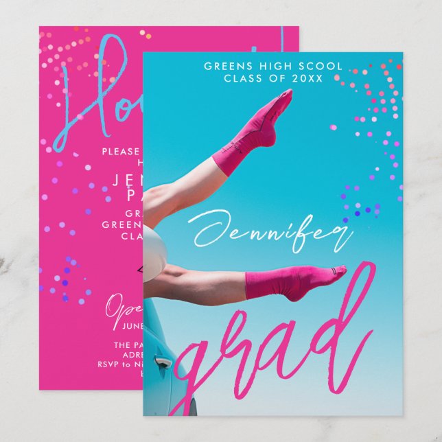 Fun Modern Hot Pink Typo College School Grad Photo Announcement (Front/Back)