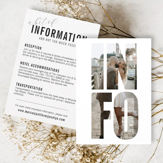Fun Modern INFO Photo Words Wedding Details Card (a bit of information and not too much fuss wedding INFO photo frame words reception hotel website)