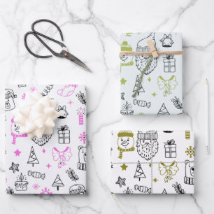 Fun Modern Line Drawing Holiday Themed Christmas Wrapping Paper Sheet