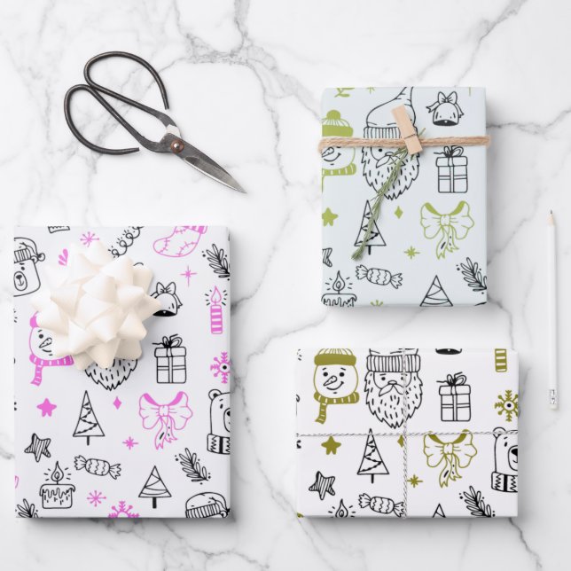 Fun Modern Line Drawing Holiday Themed Christmas Wrapping Paper Sheet (Front)