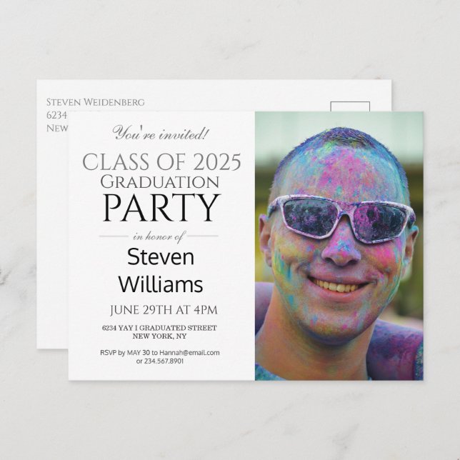 FUN MODERN MALE 2025 GRADUATION PARTY INVITATION POSTCARD (Front/Back)