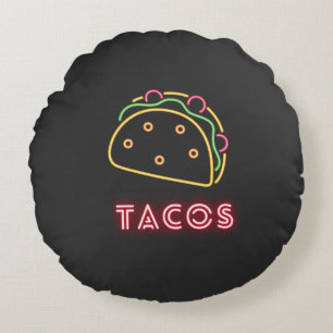 Fun Modern Neon Tacos Symbol Round Cushion