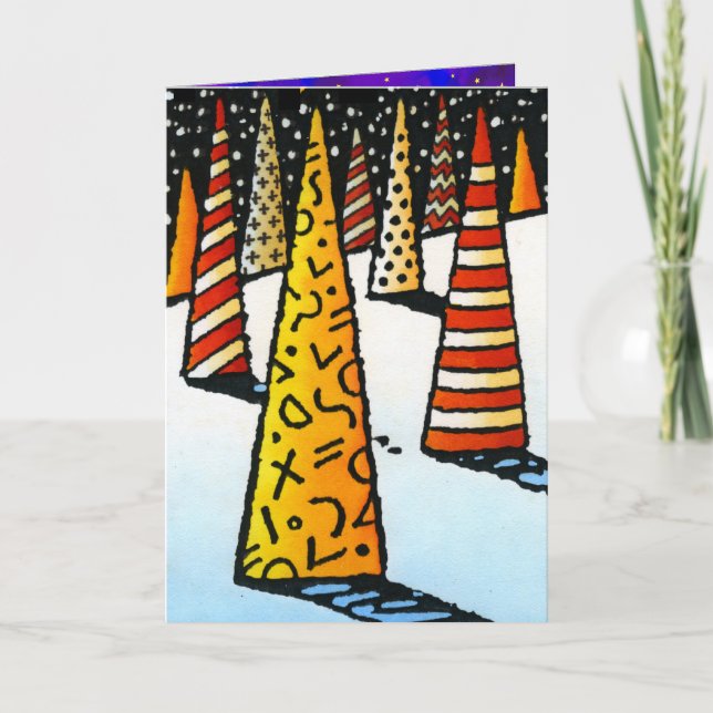 Fun Modern Pattern Christmas Trees, Snow and Stars Holiday Card (Front)
