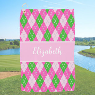 Fun Modern pink preppy argyle custom name ladies Golf Towel