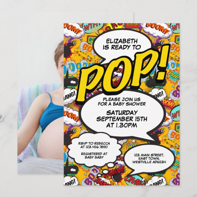 Fun Modern Ready to Pop Baby Shower Comic Photo Invitation (Front/Back)