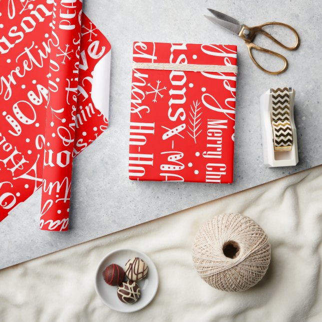 Fun Modern Red & White Christmas Script Wrapping Paper (Crafts)