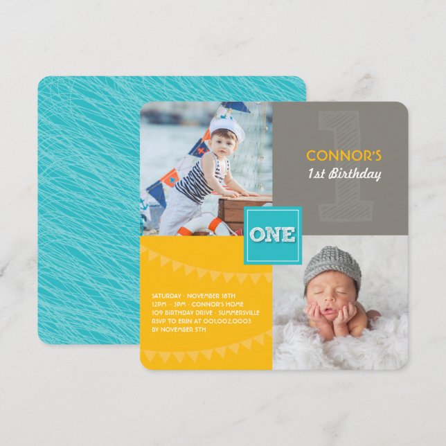 Fun Modern Squares ONE Photo Baby Boy 1st Birthday Invitation (Front/Back)