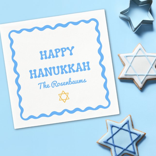 Fun Modern Wavy Border Blue Hanukkah Party Napkins (Creator Uploaded)