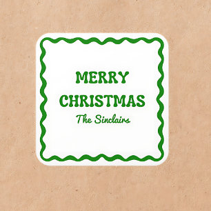 Fun Modern Wavy Border Green Christmas Party Square Sticker