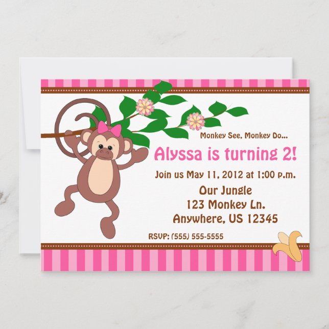 Fun Monkey Girls Personalised Birthday Inviation Invitation (Front)