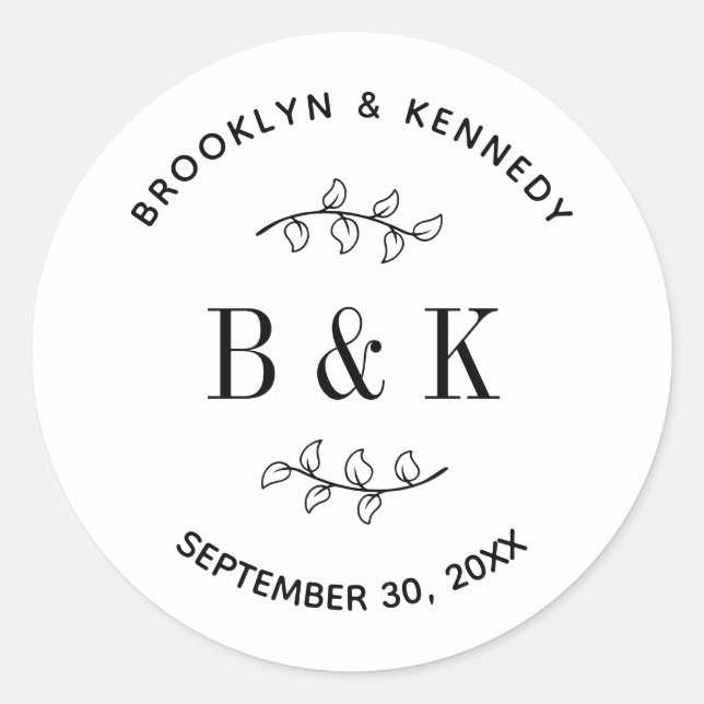 Fun Monogram Floral Botanical Wedding Couple Name Classic Round Sticker (Front)