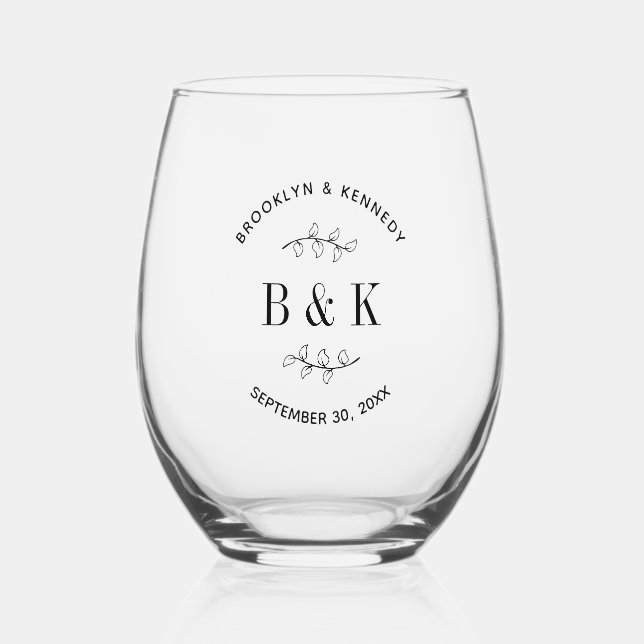 Fun Monogram Floral Botanical Wedding Couple Name Stemless Wine Glass (Front)