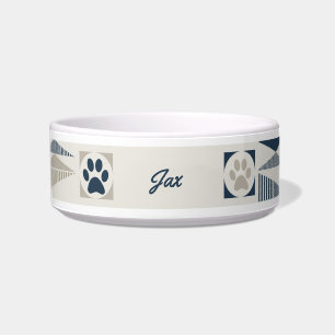 Fun Monogram Geometric Blue/Tan Pet Bowl with Paws
