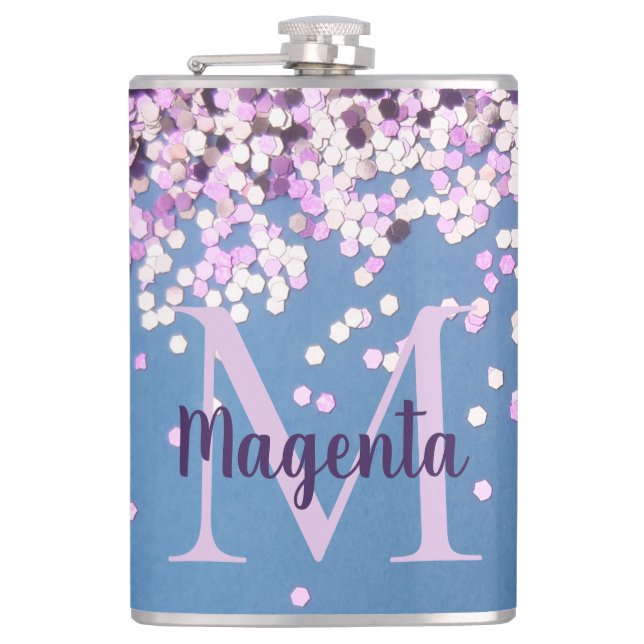Fun Monogram Lavender Confetti on Blue       Hip Flask (Front)