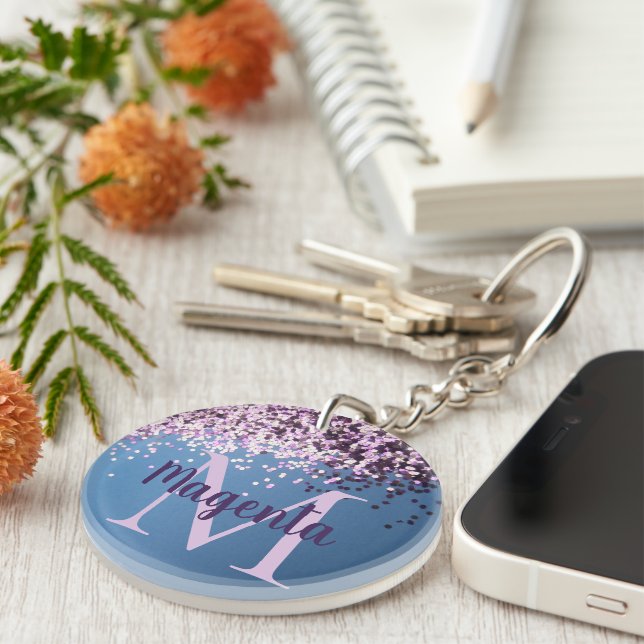 Fun Monogram Lavender Confetti on Blue          Key Ring (Front Right)