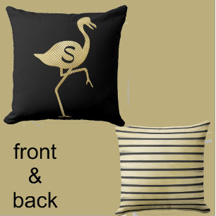 Fun Monogrammable Gold Flamingo, Gold And Black Cushion