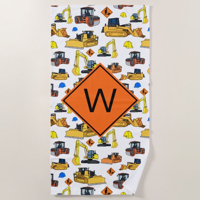 Fun Monogrammed Construction Vehicles Pattern Beach Towel (Front)